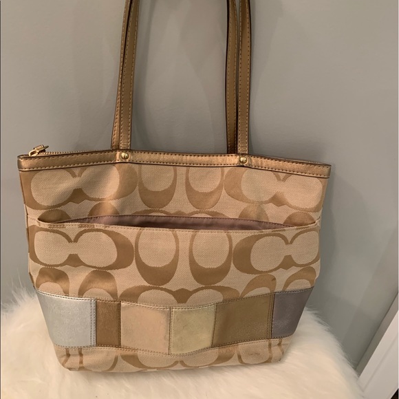 Coach Handbags - COACH SIGNATURE SHOULDER BAG - GOLD/TAN/ SILVER